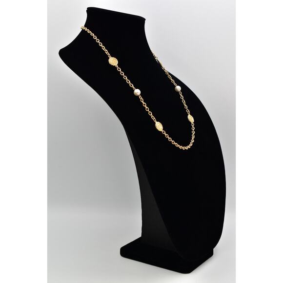 Givenchy Vintage Logo Coin Chain Necklace Station Pearl Gold Signed 1980s BinBJ
